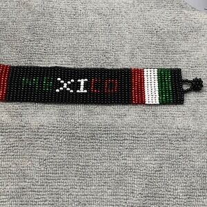 Mexico Flag Beaded Cuff Bracelet Black Green White Red Seed Bead Handmade 6035